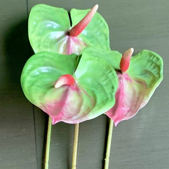 Gorgeous 3 Stems 22.5" Artificial Faux Multicolor Variegated Anthurium Flowers - Picture 8 of 16